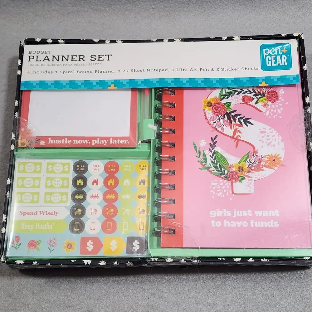 GIRLS JUST WANT TO HAVE FUNDS 4 pc Budget Planner Set Pen & Gear  NIB Opened